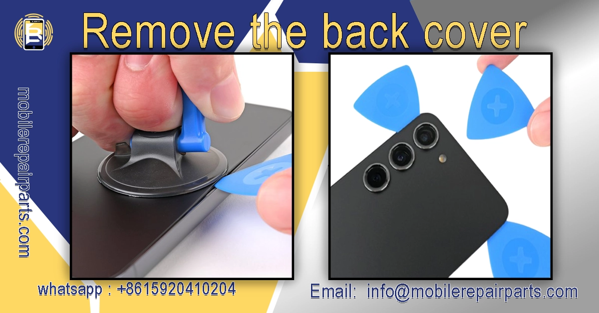 Removing the back cover of a Samsung S23 Ultra using a suction cup and blue plastic tools while replacing the screen.