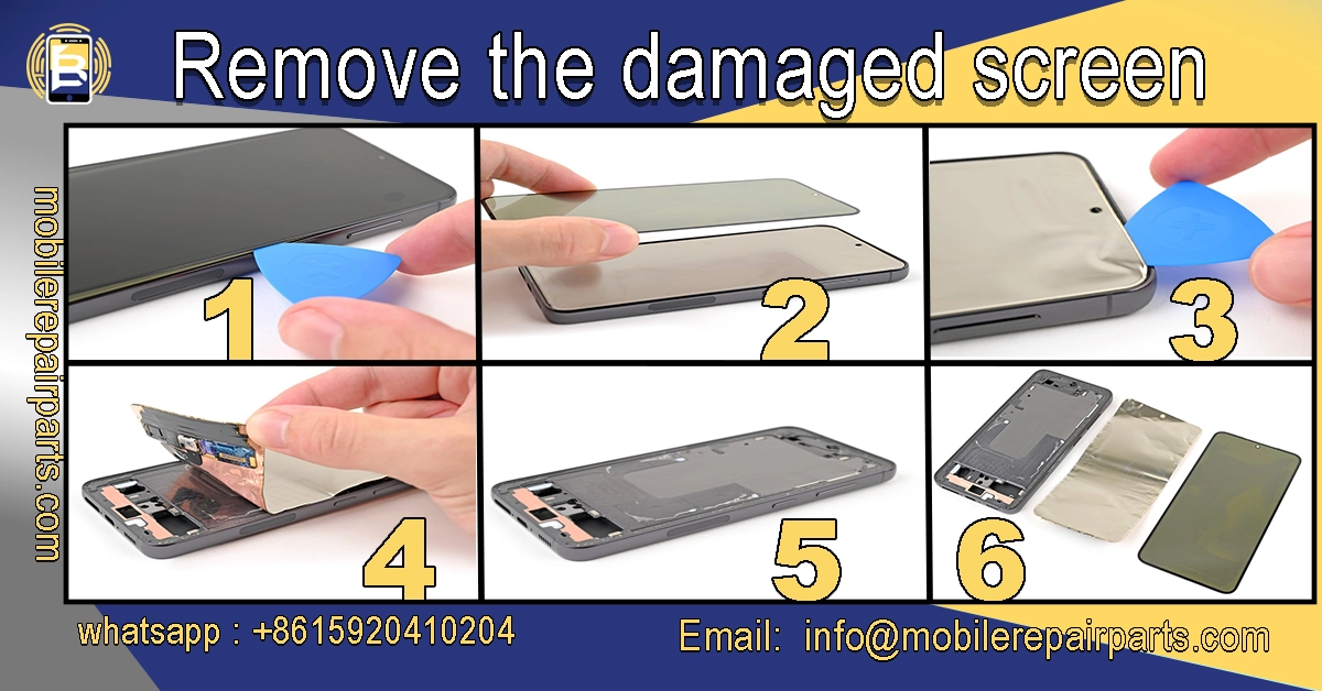 Removing the damaged screen of a Samsung S23 Ultra using a plastic tool, showing the lifting and separation process.