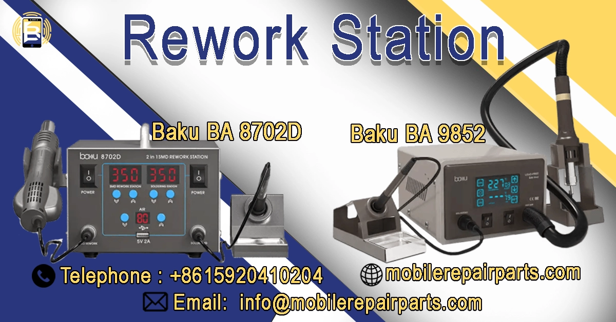 Baku BA 8702D and Baku BA 9852 rework stations for mobile phone repair, featuring digital displays .