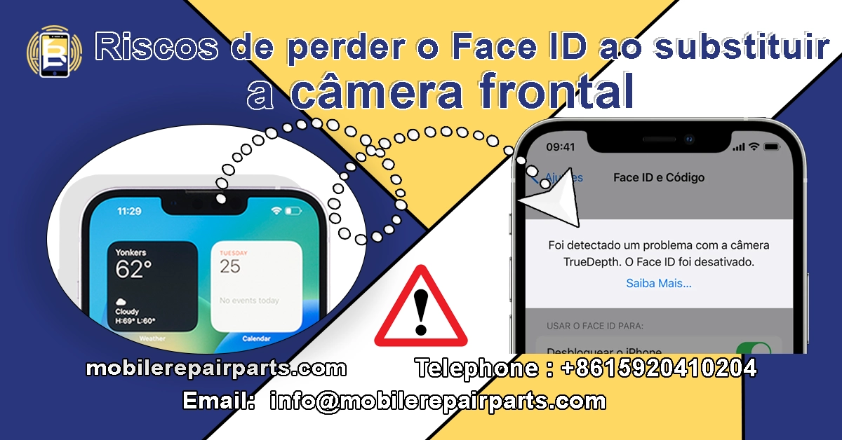 Riscos de perder o Face ID ao substituir a câmera frontal do iPhone 14 Plus com peças não originais.