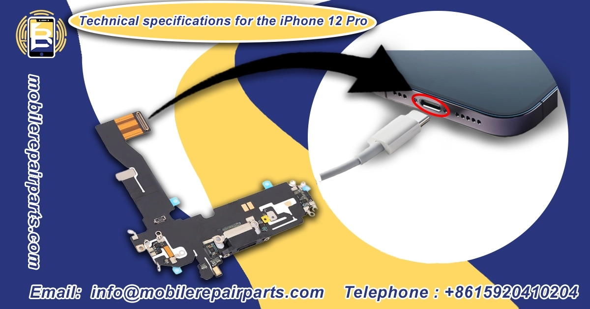iPhone 12 Pro with Lightning charging port and flexible cable with 8 marble-coated contacts for improved durability and performance.