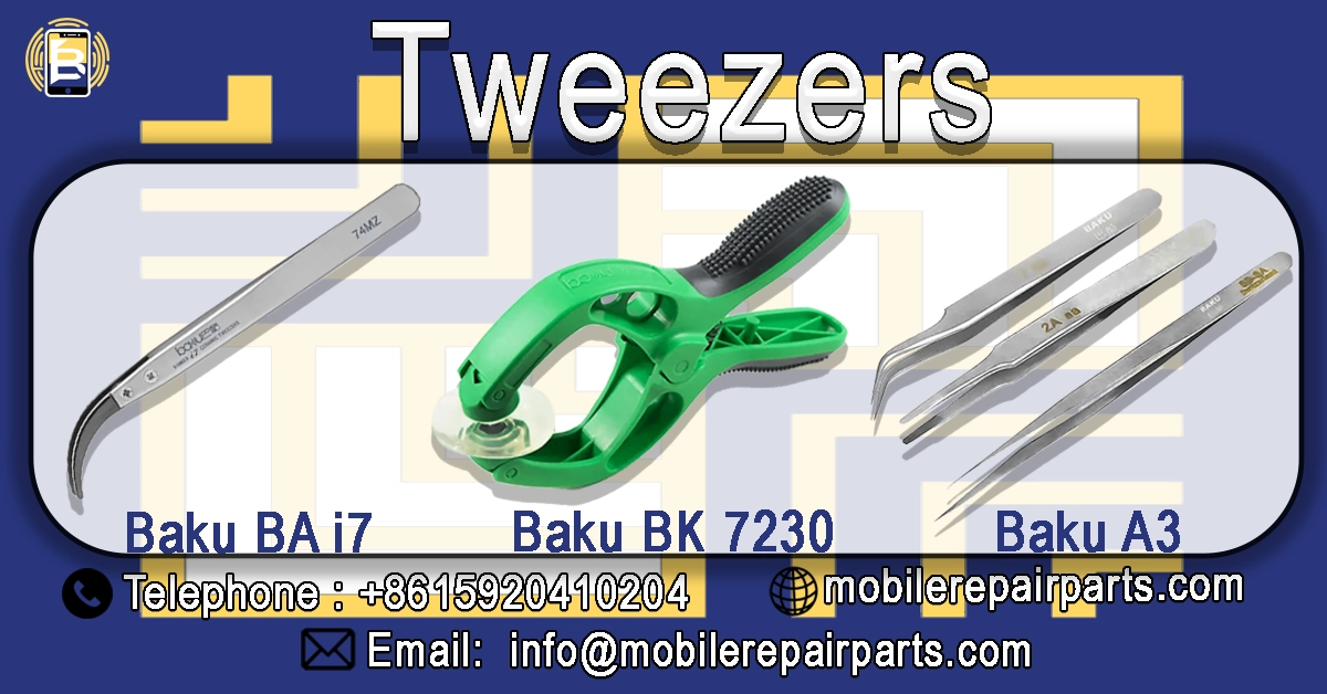 Assortment of precision tweezers including Baku BA 17, Baku BK 7230, and Baku A3 for mobile phone repair, with anti-static features.