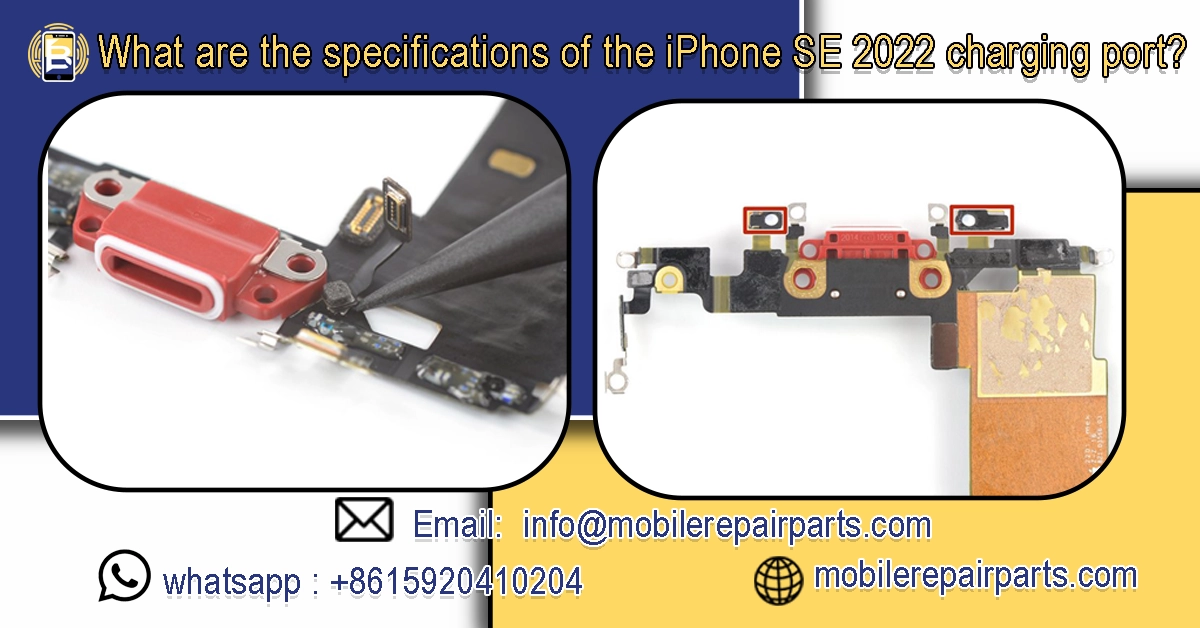 iPhone SE 2022 Lightning charging port replacement part with close-up details.
