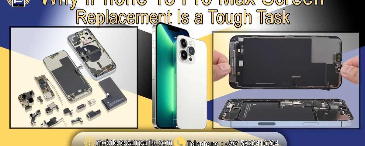 iPhone 13 Pro Max screen replacement showing broken display, internal parts, and new screen ready for installation.