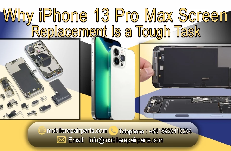 iPhone 13 Pro Max screen replacement showing broken display, internal parts, and new screen ready for installation.