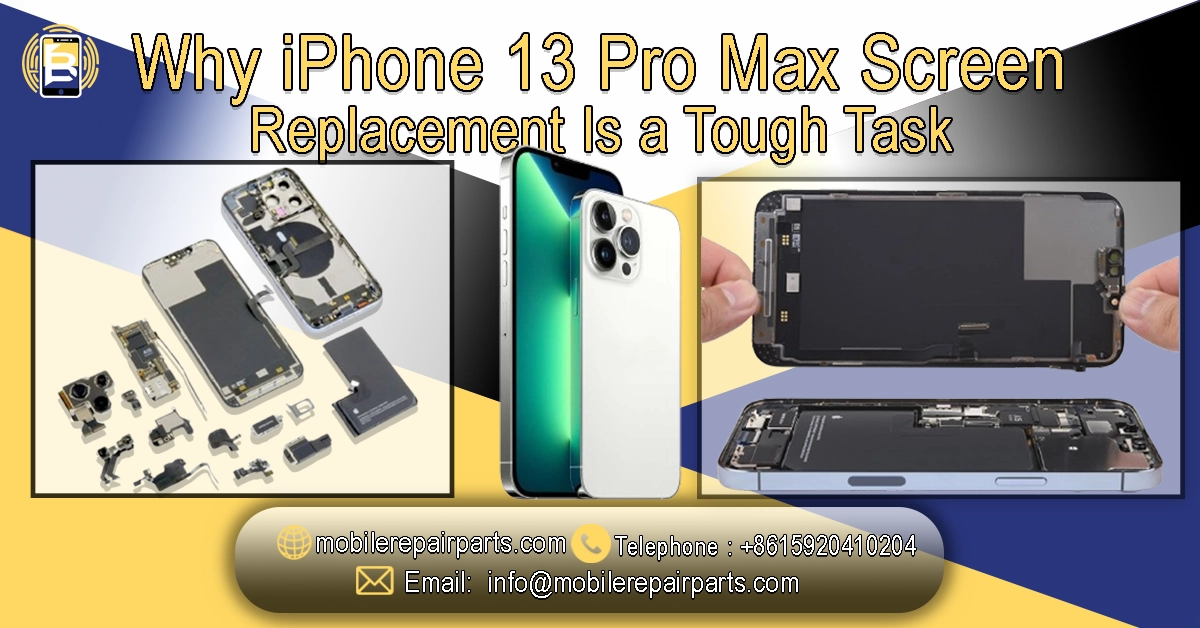 iPhone 13 Pro Max screen replacement showing broken display, internal parts, and new screen ready for installation.
