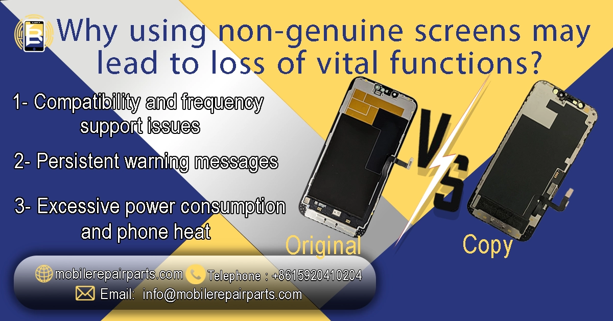 Risks of using non-genuine screens on phone functions, including ProMotion 120Hz, iOS warning messages, and phone heat.