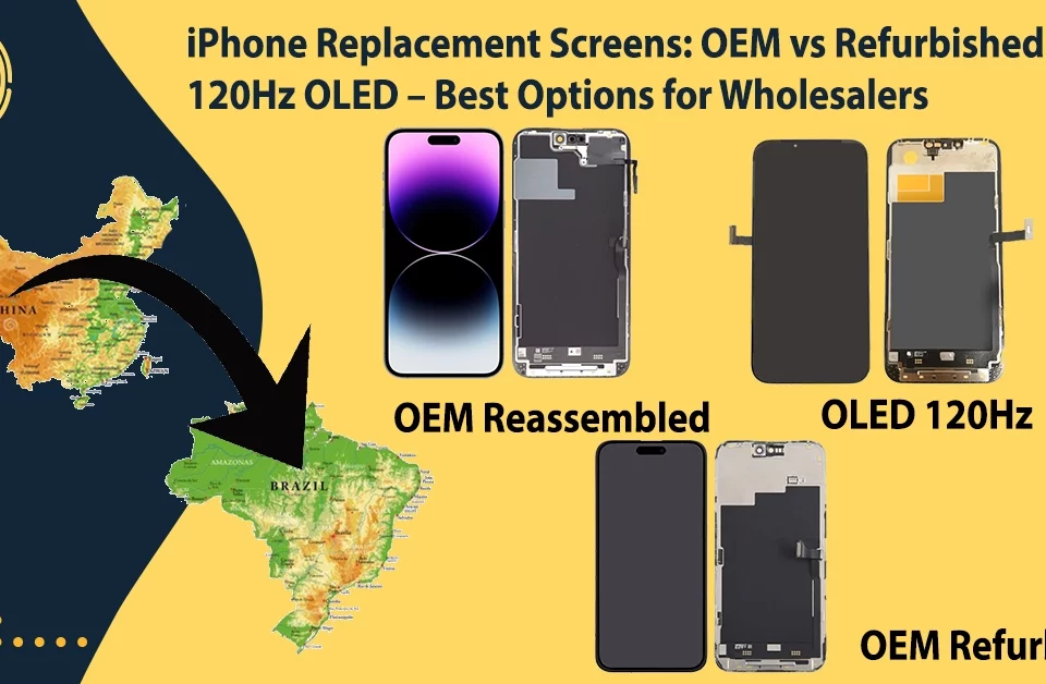 iPhone replacement screens OEM reassembled vs refurbished vs 120Hz OLED wholesale options imported from China to Latin America.