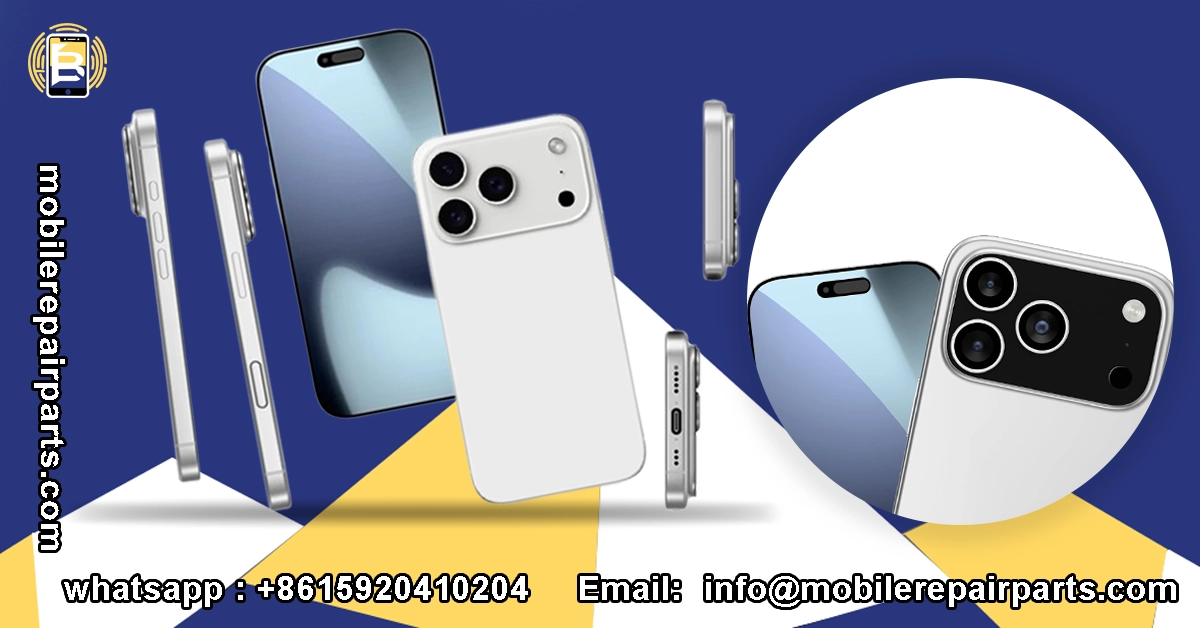 Vista frontal, trasera y lateral del iPhone 17 Pro Max en color blanco