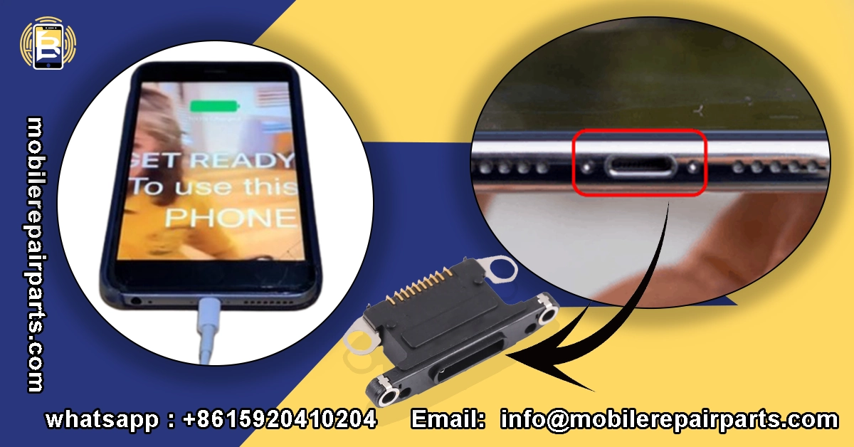 iPhone charging with cable and close-up of charging port component