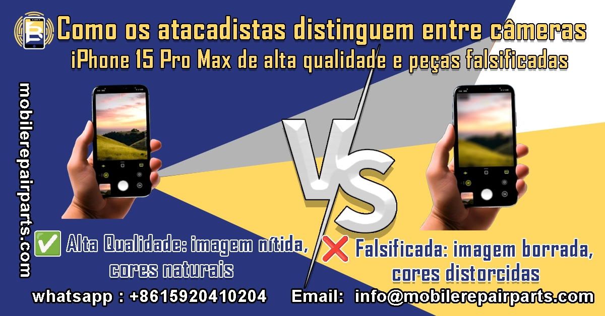 Uma comparação visual entre a câmara de alto desempenho do iPhone 15 Pro Max e uma câmara falsificada mostra clareza e precisão de cores.