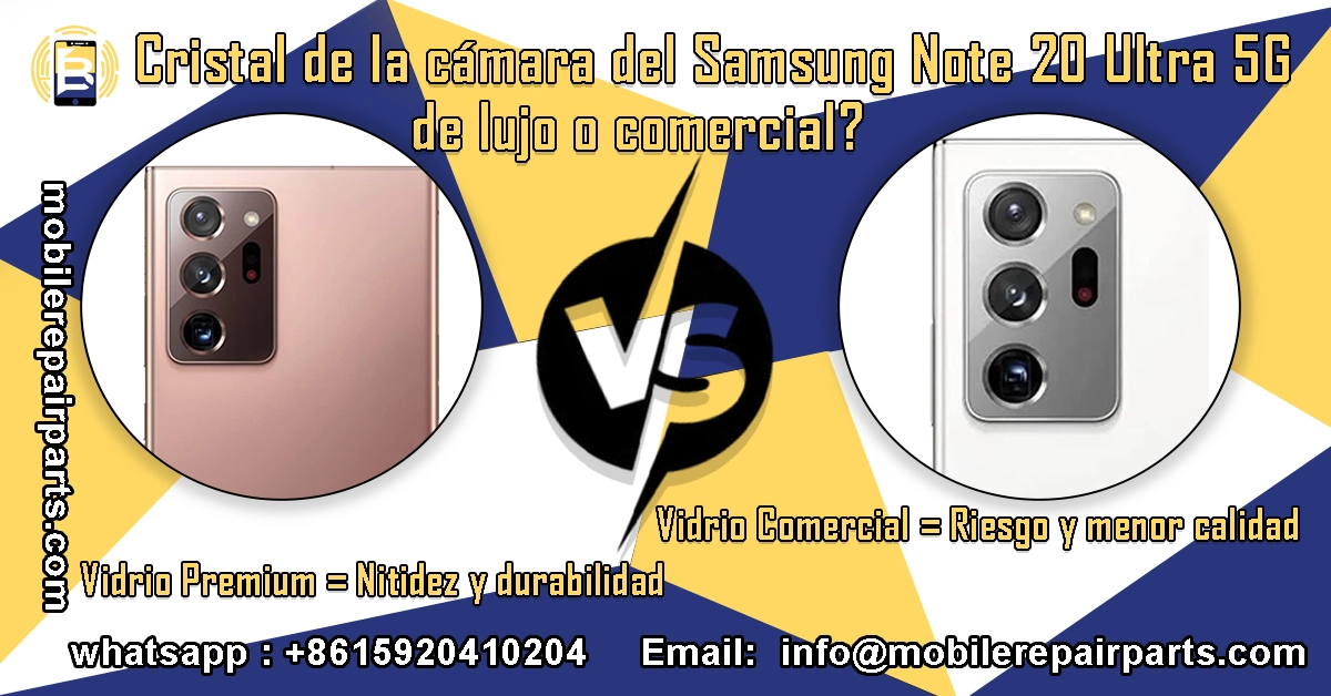 Comparación vidrio premium y vidrio comercial para cámara Samsung Note 20 Ultra 5G.