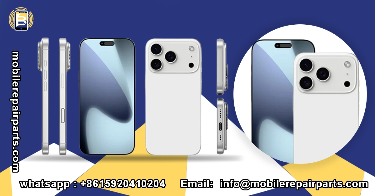 White iPhone 17 Pro Max shown front, side, back, and bottom view