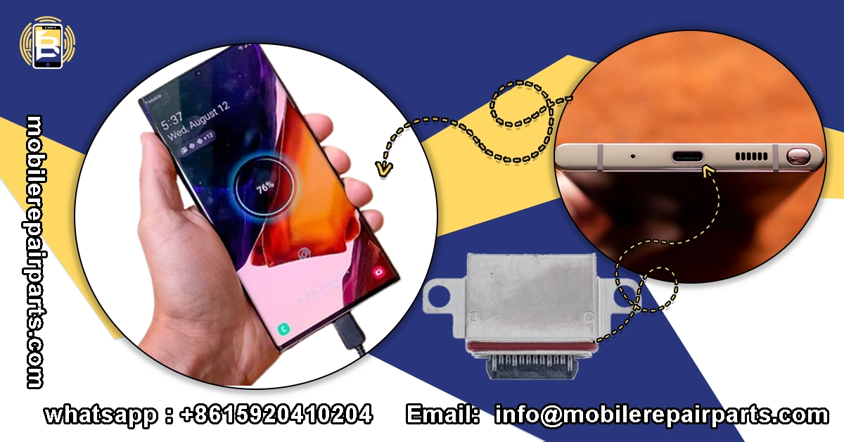 Samsung Note 20 cargando con cable conectado y vista del puerto USB tipo C con repuesto