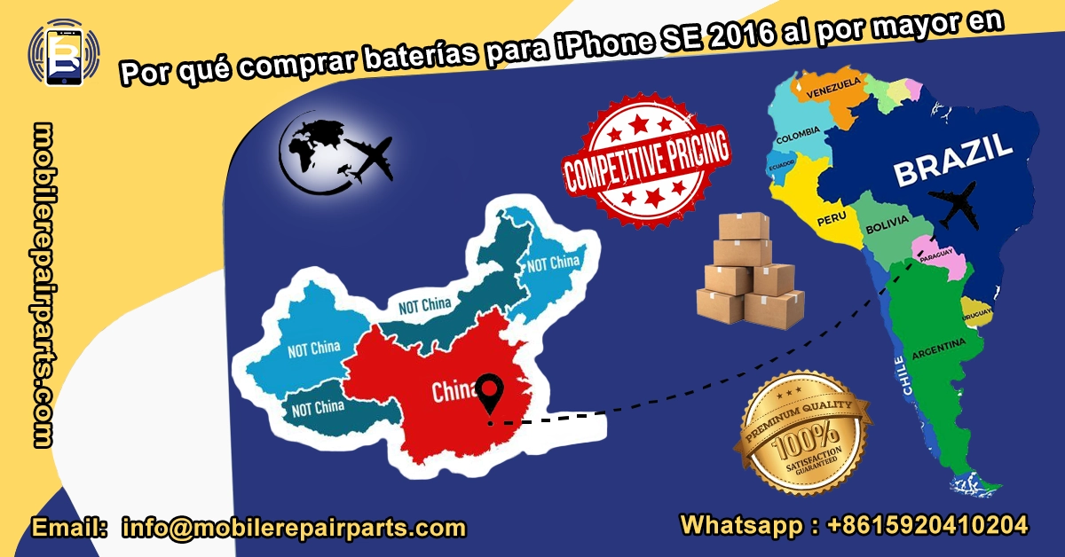 Importación de baterías iPhone SE 2016 al por mayor desde China hacia América Latina con precios competitivos y calidad garantizada.