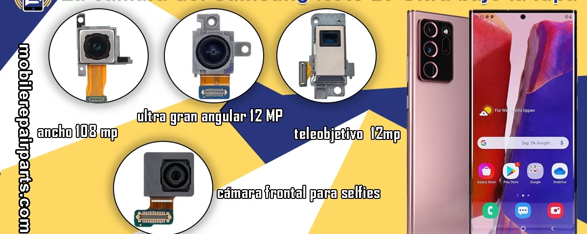 Cámaras del Samsung Note 20 Ultra, frontal y traseras, en vista detallada.