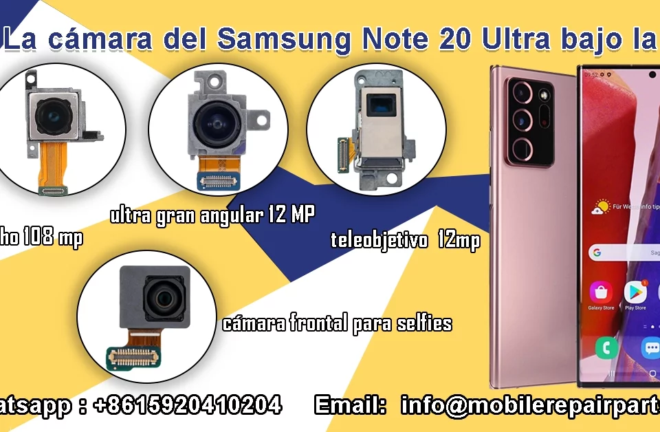 Cámaras del Samsung Note 20 Ultra, frontal y traseras, en vista detallada.