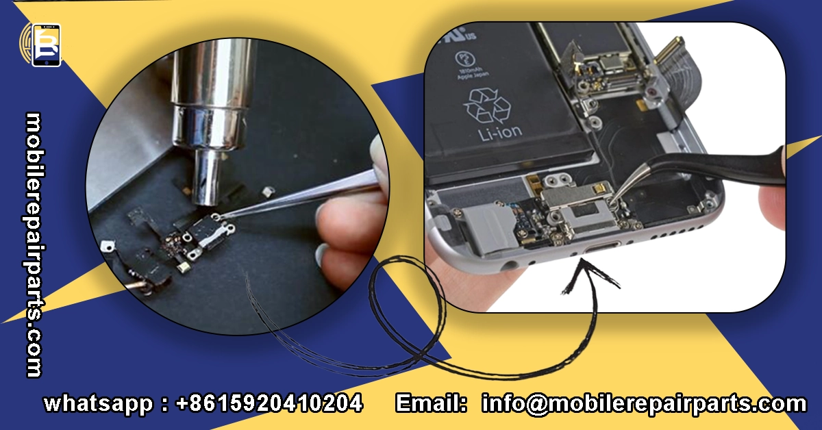 Technician replacing and soldering iPhone charging port