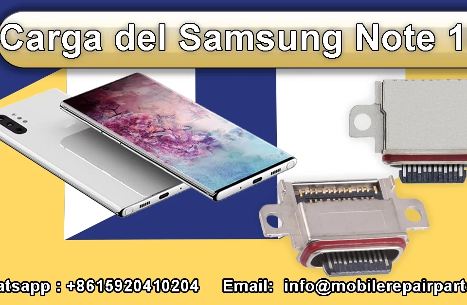 Puerto de carga y Samsung Note 10 Plus en fondo amarillo y azul