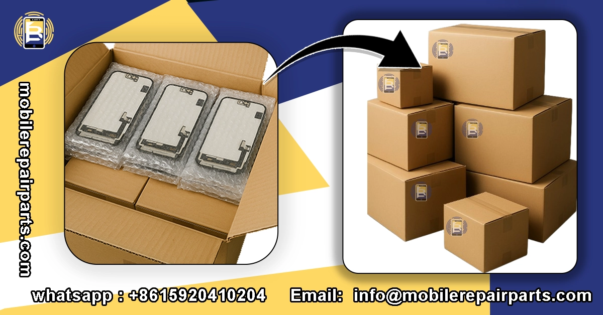 Packed iPhone 16 replacement screens in shipping boxes
