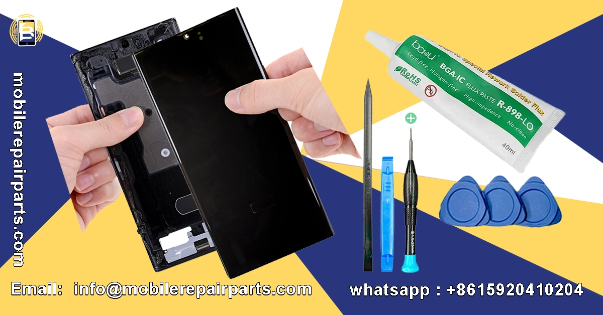 Manos instalando pantalla del Samsung Note 20 Ultra con kit de herramientas