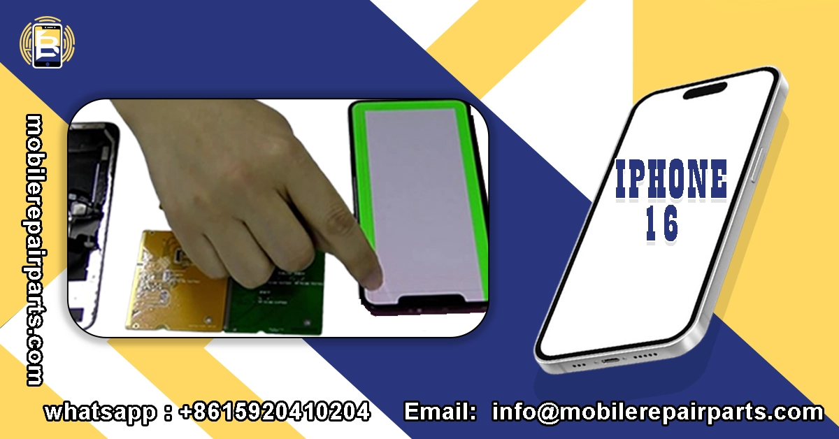 Technician testing iPhone 16 display with repair tools