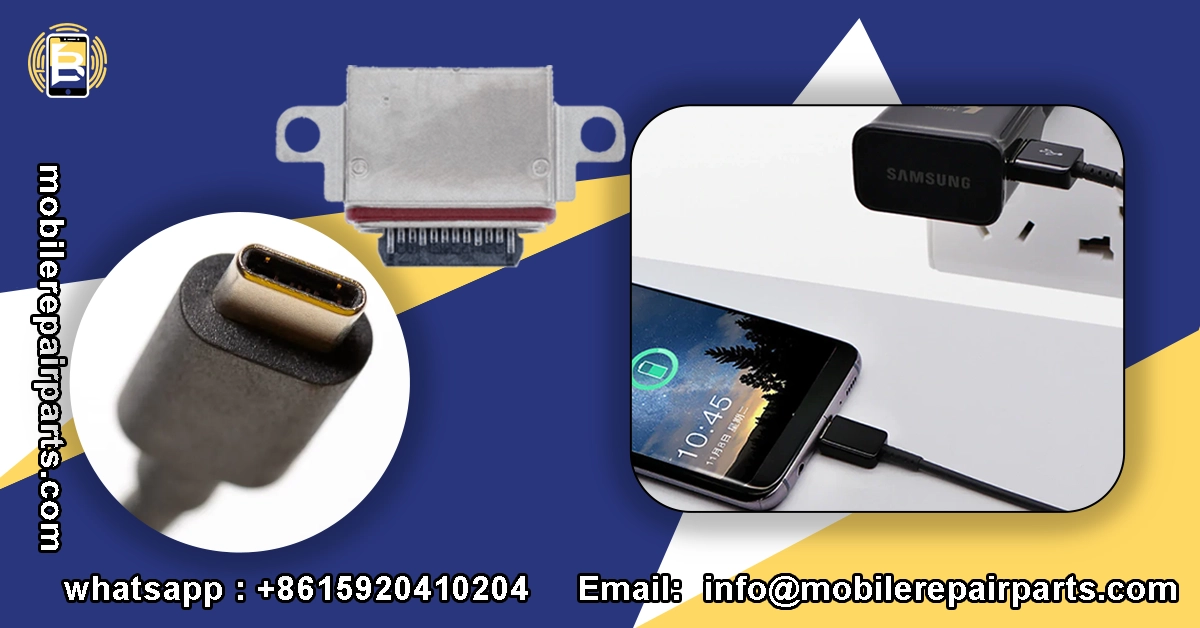 Cable USB-C conectado a cargador Samsung y pieza de repuesto del puerto Note 20