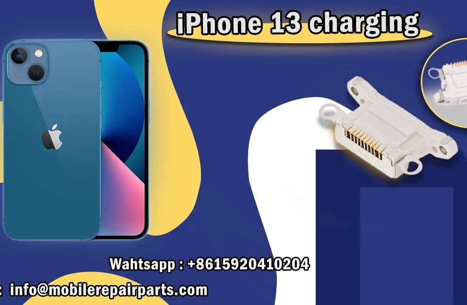 Blue iPhone 13 with charging port replacement part