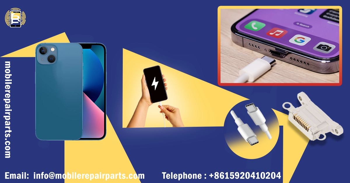 iPhone 13 with charging cables and replacement port