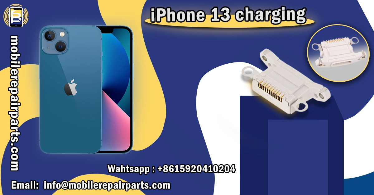 Blue iPhone 13 with charging port replacement part