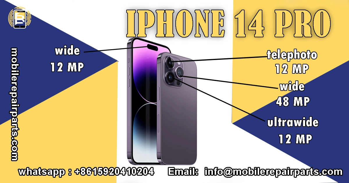 iPhone 14 Pro showing front and back with camera details