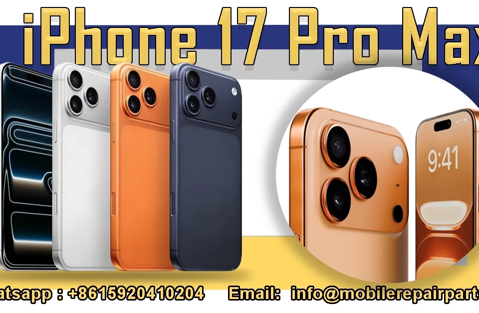iPhone 17 Pro Max in silver, orange, and black with triple cameras