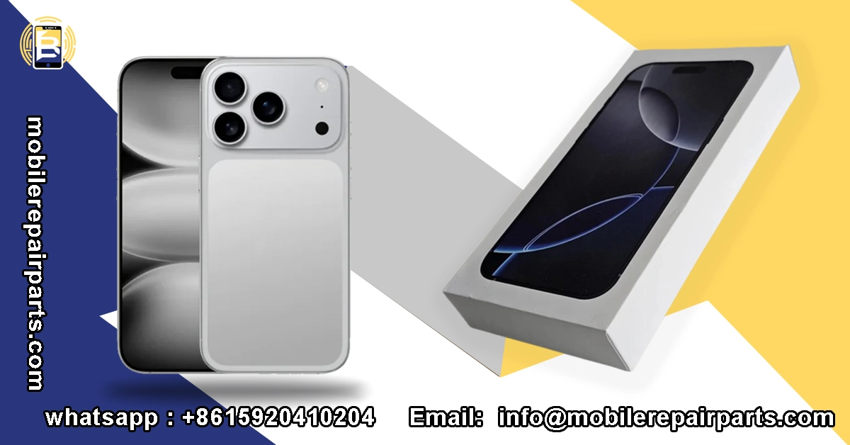 Vista del iPhone 17 Pro Max plateado junto a su caja de empaque