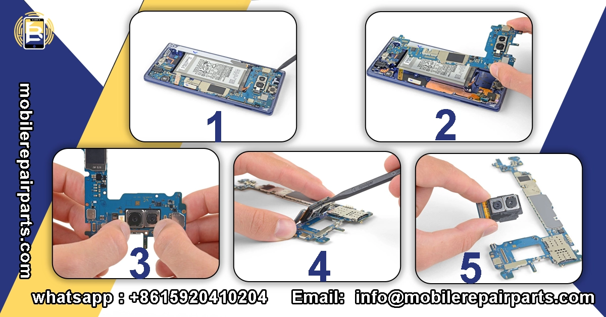 Proceso de desmontaje y extracción del módulo de cámara en un Galaxy Note 9