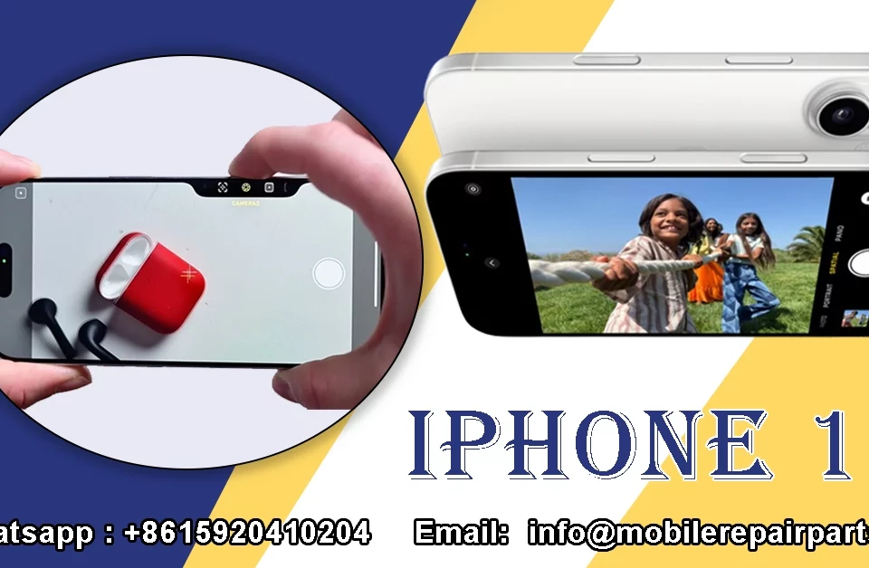 Two iPhone 16 phones showing camera features and repair visuals.