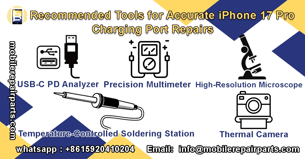Tools for iPhone 17 Pro charging port repair.