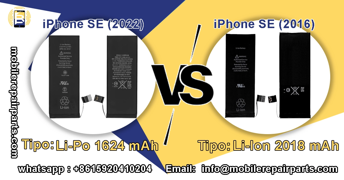 Comparação entre baterias do iPhone SE 2022 e iPhone SE 2016, mostrando tipos diferentes de bateria e capacidades distintas