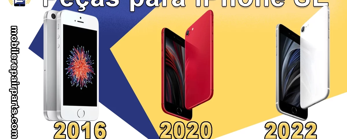 Diferentes modelos do iPhone SE (2016, 2020, 2022) com peças e componentes disponíveis para reparo