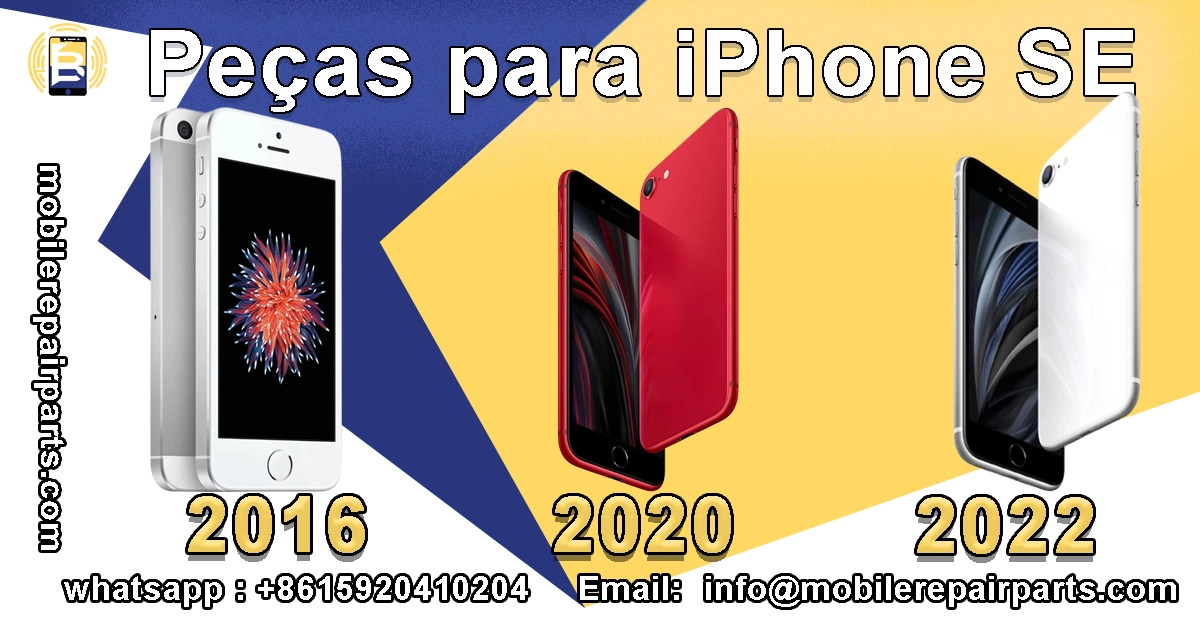 Diferentes modelos do iPhone SE (2016, 2020, 2022) com peças e componentes disponíveis para reparo
