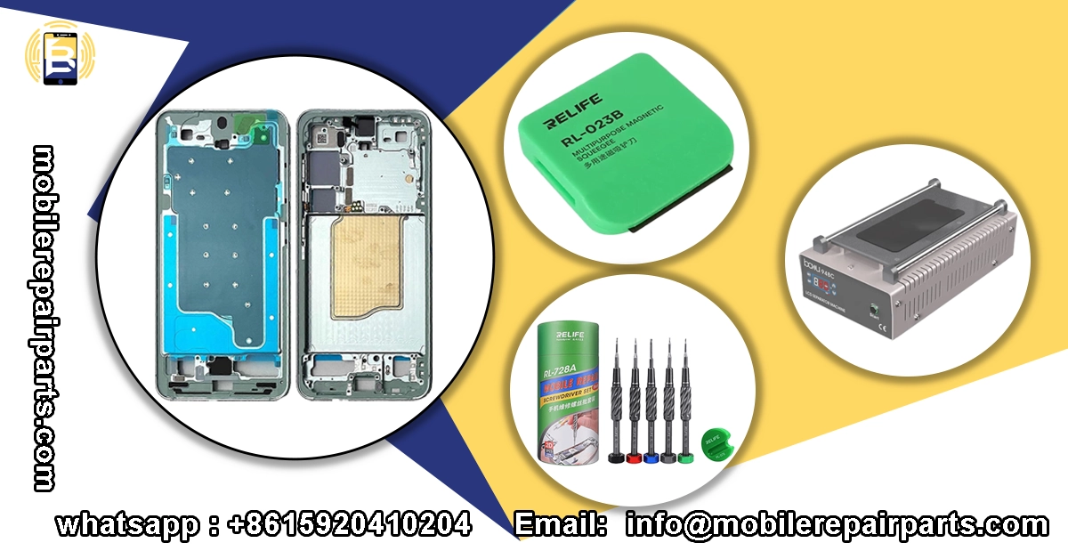 Marco central del Samsung Galaxy S25 con herramientas de reparación profesional.