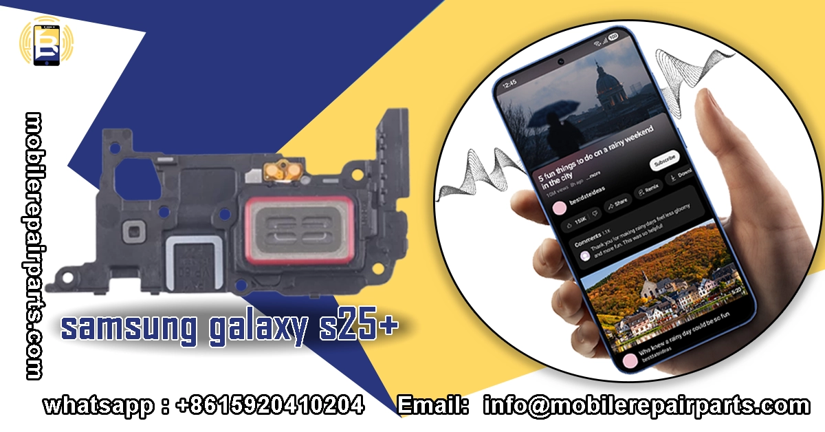 Altavoz auricular del Samsung Galaxy S25+ junto a una mano sosteniendo el teléfono