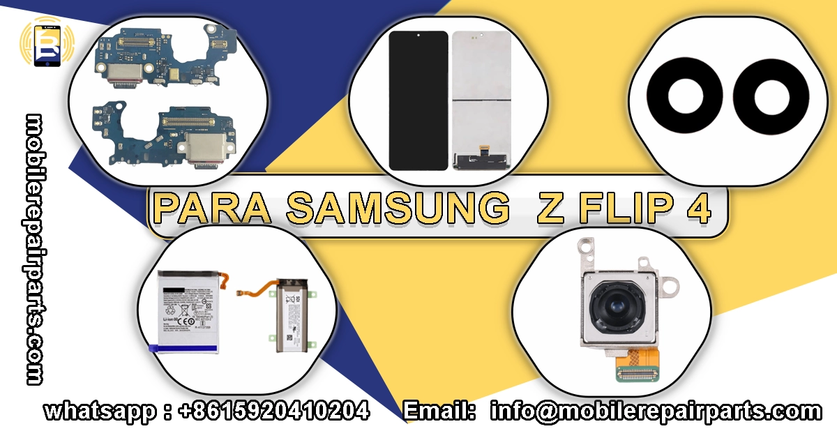 para Samsung Z Flip 4, incluyendo placa base, pantalla, batería, cámara y lente, junto con información de contacto de una tienda
