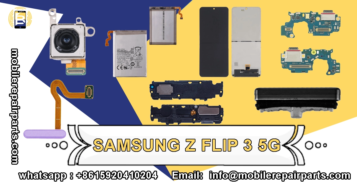 piezas de repuesto para el Samsung Z Flip 3 5G, incluyendo cámara, batería y placas de circuito.