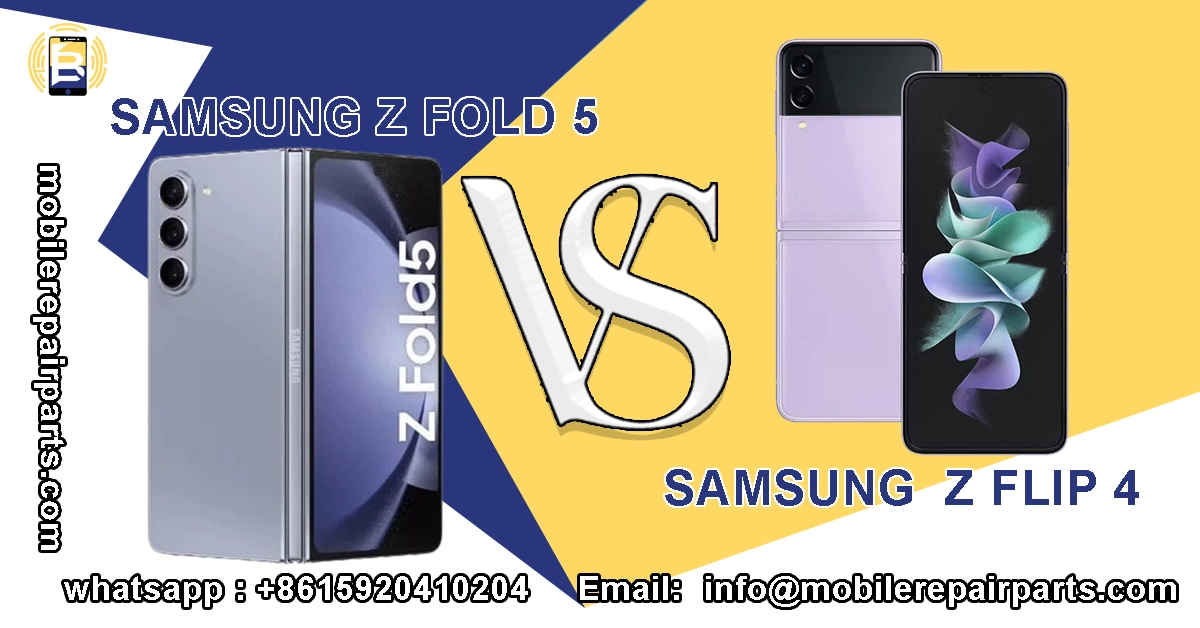 teléfonos Samsung Z Fold 5 y Samsung Z Flip 4, con detalles de contacto de una tienda de repuestos móviles