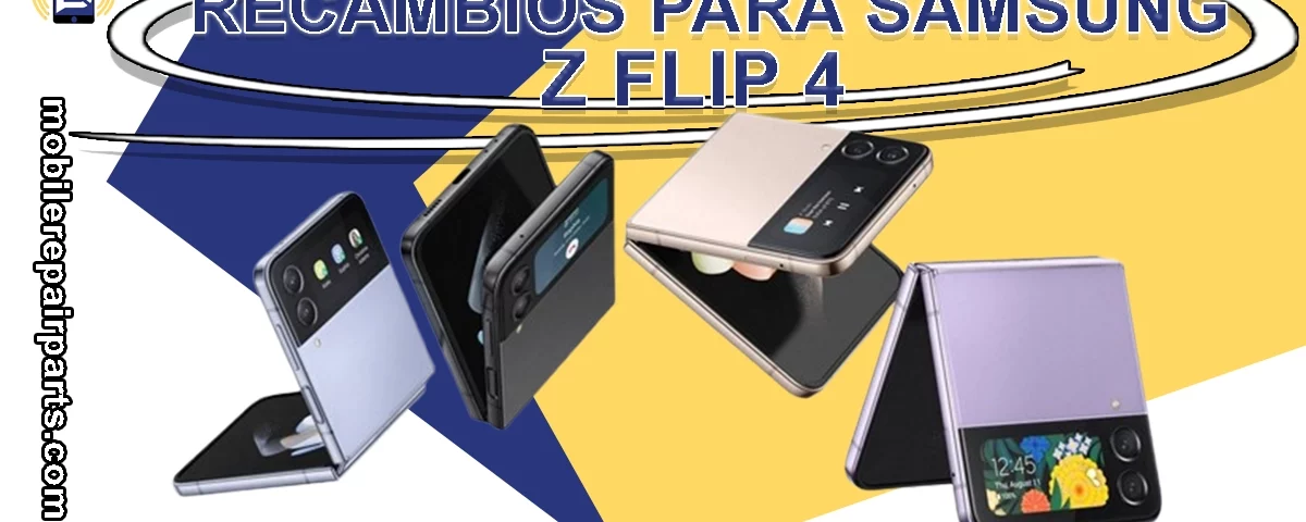 repuestos para Samsung Z Flip 4 con varios teléfonos plegables y datos de contacto de una tienda de reparación.