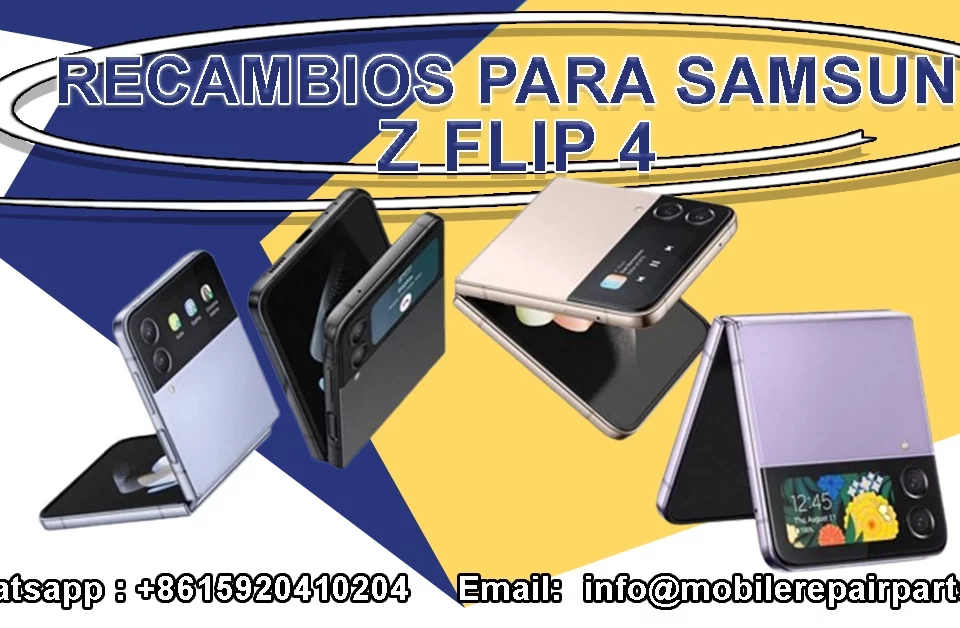 repuestos para Samsung Z Flip 4 con varios teléfonos plegables y datos de contacto de una tienda de reparación.