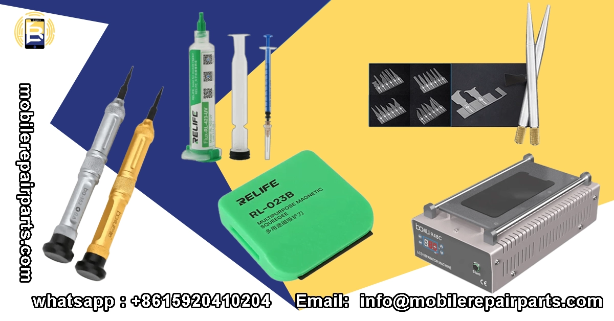 reparación de teléfonos, incluyendo destornilladores, pinzas, jeringas