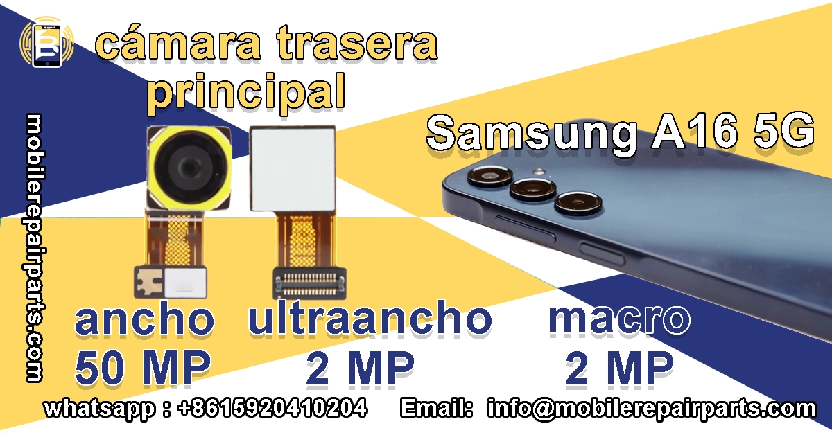 Cámara trasera principal Samsung A16 5G con sensores de 50 MP, 2 MP ultraancho y 2 MP macro.