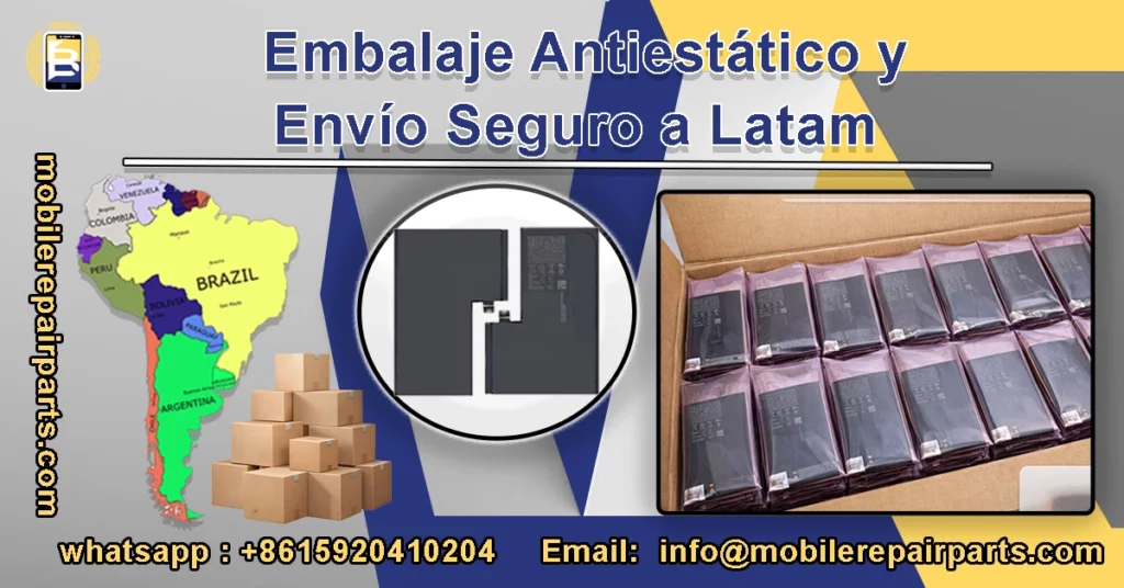 Embalaje profesional y logística segura de repuestos iPhone 17 Pro Max para Latinoamérica.