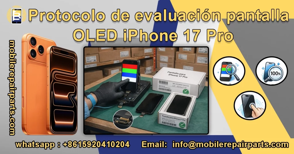 Proceso de evaluación de calidad de pantalla OLED del iPhone 17 Pro realizado por mayorista con pruebas de color, brillo, tacto y flex